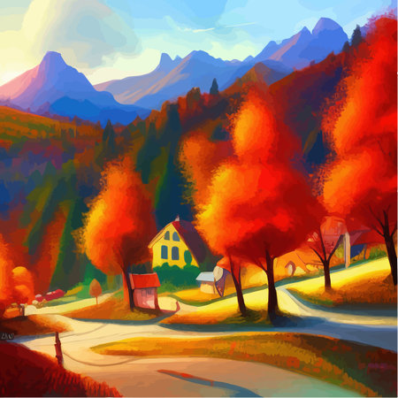 Sunny day in village house with road and orange autumn trees. Cartoon picture of rural scene in autumn, Rural landscapes against the backdrop of mountains vector Illustrationのイラスト素材