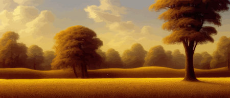 Rural landscape with wheat fields and yellow trees and sky on background. Vector illustration.のイラスト素材