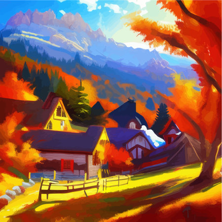 Sunny day in village house with road and orange autumn trees. Cartoon picture of rural scene in autumn, Rural landscapes against the backdrop of mountains vector Illustrationのイラスト素材