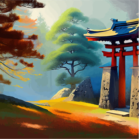 Colorful japanese landscape shrine through wooden torii. Forest Garden with bushes and maple tree against the background of the mountain. Summer season. Vector illustration.のイラスト素材