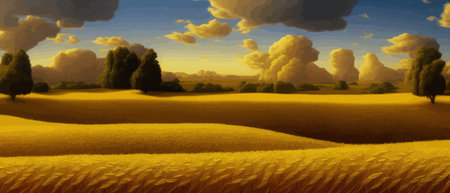 Rural landscape with wheat fields and yellow trees and sky on background. Vector illustration.のイラスト素材