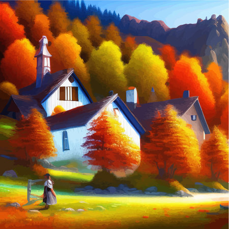 Sunny day in village house with road and orange autumn trees. Cartoon picture of rural scene in autumn, Rural landscapes against the backdrop of mountains vector Illustrationのイラスト素材
