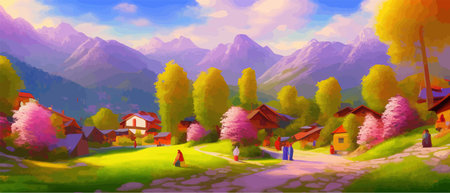 Idyllic mountain landscape in alps with blooming meadows in springtime with small houses and a road. Vector illustration of nature springs.のイラスト素材