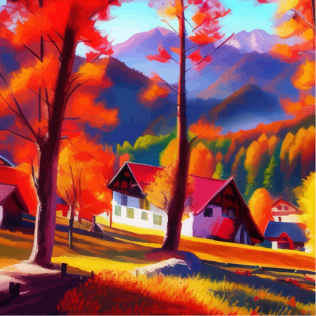Sunny day in village house with road and orange autumn trees. Cartoon picture of rural scene in autumn, Rural landscapes against the backdrop of mountains vector Illustrationのイラスト素材