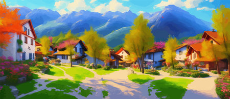 Idyllic mountain landscape in alps with blooming meadows in springtime with small houses and a road. Vector illustration of nature springs.のイラスト素材