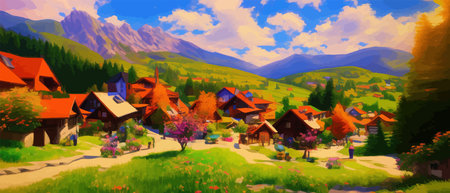 Idyllic mountain landscape in alps with blooming meadows in springtime with small houses and a road. Vector illustration of nature springs.のイラスト素材