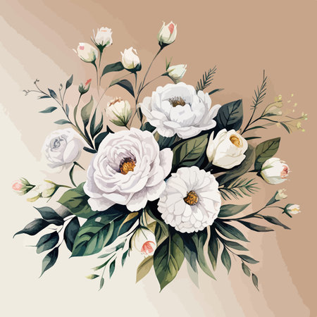 Greenery, pose and white peony, blush rose flowers vector illustration design wedding bouquets. Rustic greenery. Light tones. Watercolor arrangement decor. Summer style.のイラスト素材