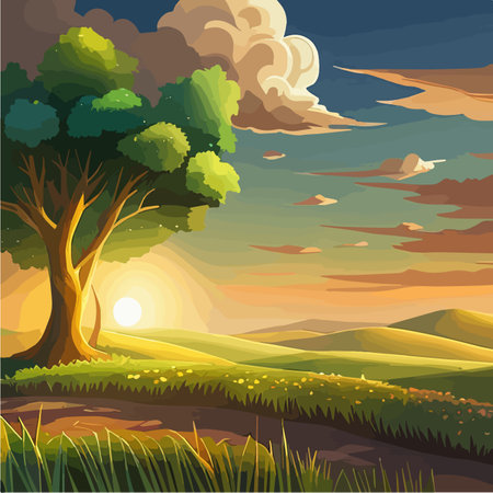A cornfield with ripe cobs against a blue sky. Background image. Vector illustration.のイラスト素材