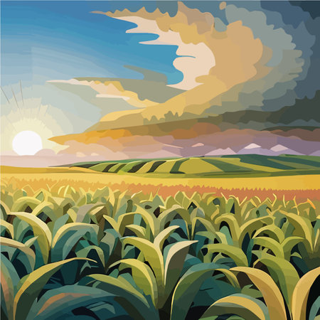 Cornfield landscape Vector illustration cartoon landscape with tall corn stems on a sunny dayのイラスト素材