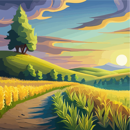 A cornfield with ripe cobs against a blue sky. Background image. Vector illustration.のイラスト素材