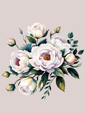 Greenery, pose and white peony, blush rose flowers vector illustration design wedding bouquets. Rustic greenery. Light tones. Watercolor arrangement decor. Summer style.のイラスト素材