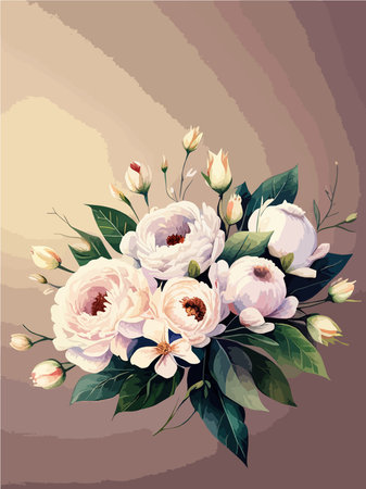 Greenery, pose and white peony, blush rose flowers vector illustration design wedding bouquets. Rustic greenery. Light tones. Watercolor arrangement decor. Summer style.のイラスト素材
