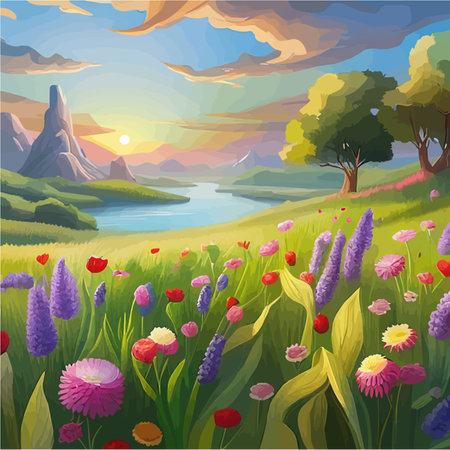 Spring landscape in green field colorful wildflowers and sunset, cartoon rural farmland with mountain and forest, clouds and blue sky, Natural scene in countryside sunny day Summer vector illustrationのイラスト素材