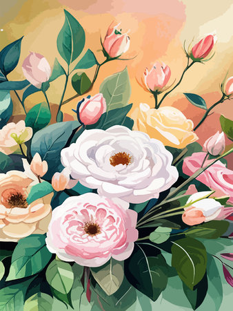 Border made pink watercolor roses flowers and green leaves, wedding and greeting vector illustration on colorful gradient backgroundのイラスト素材