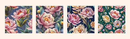 Spring set beautiful flowers. Pink peonies, buds and leaves on colored vintage background, floral elements vector illustrationのイラスト素材