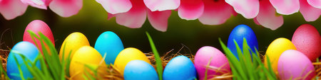 Fresh spring background with easter eggs banner green juicy meadow. Colored Easter eggs hidden...
