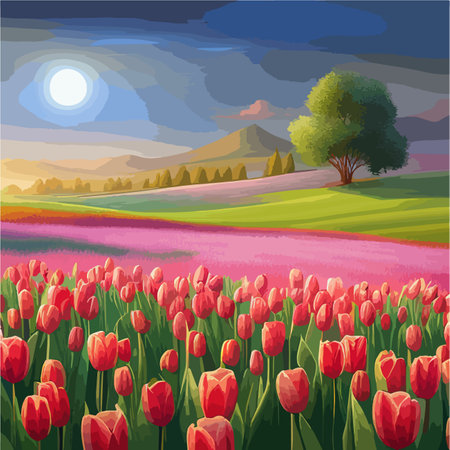 Vector illustration landscape with Dutch red tulips on hills against sky with clouds. For design posters and greetings.のイラスト素材
