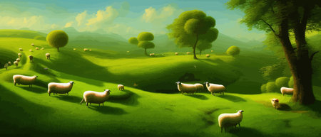 Sheep in meadows and green hills. Summer rural landscape banner vector illustration of nature and animalsのイラスト素材