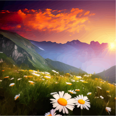 Flower field of daisies against the backdrop of mountains under a summer sunset sky with clouds. Realistic vector illustration. Nice background for your work.のイラスト素材