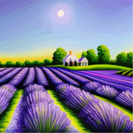 Lavender purple fields, green meadows and mountains. Farm panoramic view landscapes. Beautiful rural summer landscape with wild flowers. Ecological area with blue sky and clouds vector illustrationのイラスト素材