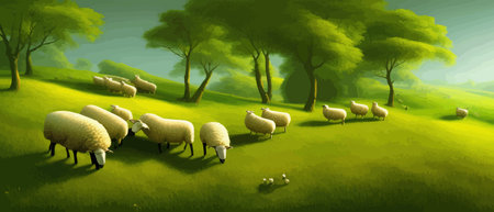 Sheep in meadows and green hills. Summer rural landscape banner vector illustration of nature and animalsのイラスト素材