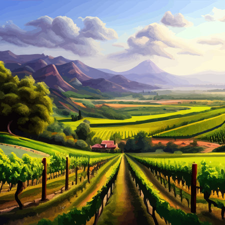 Rural landscape vineyards. Green vines on hills with trees and mountains in the background. Landscape with grape rows. Summer season. Vector illustration.のイラスト素材