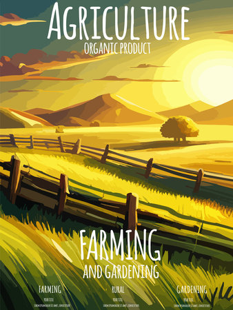 Cover design with concept of agriculture, nature farming. Harvest, field, trees empty vector illustration five vertical posters with text. Farms for poster, background cover print. Summer landscapeのイラスト素材