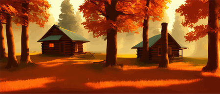 Autumn forest with a wooden house. Vector cartoon illustration of deep forest landscape with forest hut, grass and orange trees. Autumn scene with cottageのイラスト素材