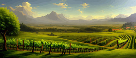 Vineyard Field on hills vector illustration. Artistic landscape with growing grapes. Vineyard farm color design for wine label.のイラスト素材
