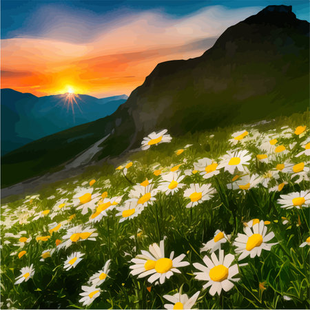 Mountains spring landscape. Mountain green valley with a field of daisies. Hills against the sunset sky with clouds. Adventure travel travel banner. Vector illustrationのイラスト素材