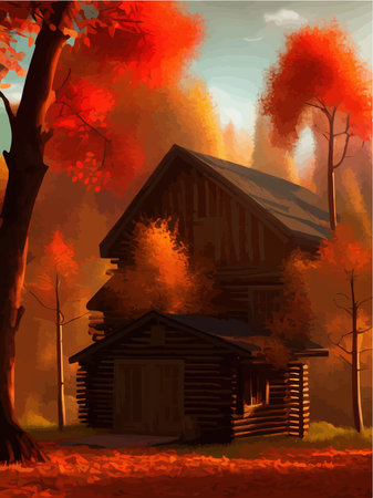 Autumn forest with a wooden house. Vector cartoon illustration of deep forest landscape with forest hut, grass and orange trees. Autumn scene with cottageのイラスト素材