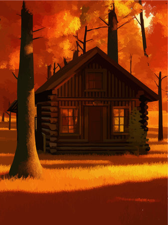 Fairytale house made logs with red roof, old wooden door, window. Vector illustration in cartoon style, in autumn forest with orange bright foliageのイラスト素材
