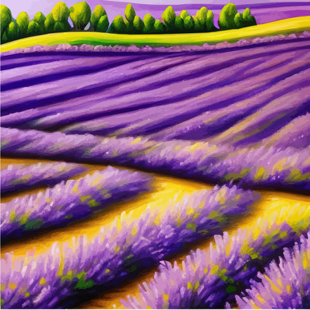 Lavender purple fields, green meadows and mountains. Farm panoramic view landscapes. Beautiful rural summer landscape with wild flowers. Ecological area with blue sky and clouds vector illustrationのイラスト素材