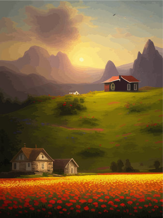 Natural landscape illustration, farm on background mountains, flowers plants, houses. Beautiful landscape of nature. Vector illustrationのイラスト素材