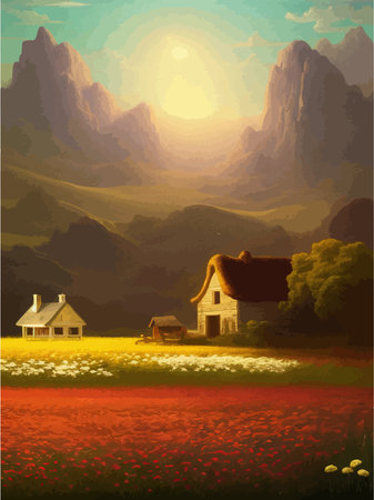 Natural landscape illustration, farm on background mountains, flowers plants, houses. Beautiful landscape of nature. Vector illustrationのイラスト素材