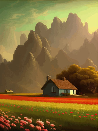 Natural landscape illustration, farm on background mountains, flowers plants, houses. Beautiful landscape of nature. Vector illustrationのイラスト素材