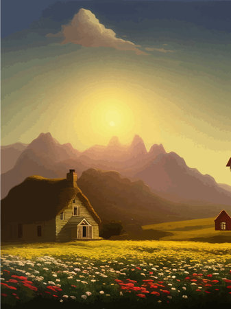Natural landscape illustration, farm on background mountains, flowers plants, houses. Beautiful landscape of nature. Vector illustrationのイラスト素材