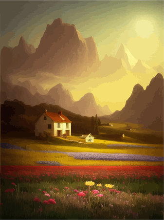 Natural landscape illustration, farm on background mountains, flowers plants, houses. Beautiful landscape of nature. Vector illustrationのイラスト素材