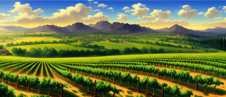 Vineyard Field on hills vector illustration. Artistic landscape with growing grapes. Vineyard farm color design for wine label.のイラスト素材