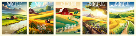 Cover design with concept of agriculture, nature farming. Harvest, field, trees empty vector illustration five vertical posters with text. Farms for poster, background cover print. Summer landscapeのイラスト素材