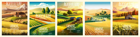 Cover design with concept of agriculture, nature farming. Harvest, field, trees empty vector illustration five vertical posters with text. Farms for poster, background cover print. Summer landscapeのイラスト素材