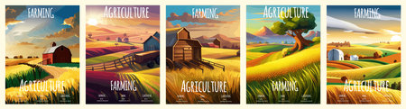 Cover design with concept of agriculture, nature farming. Harvest, field, trees empty vector illustration five vertical posters with text. Farms for poster, background cover print. Summer landscapeのイラスト素材