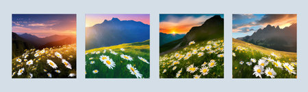 Mountains spring landscape. Mountain green valley with a field of daisies. Hills against the sunset sky with clouds. Adventure travel travel banner. Vector illustrationの写真素材