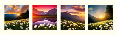 Flower field of daisies against the backdrop of mountains under a summer sunset sky with clouds. Realistic vector illustration. Nice background for your work.の写真素材