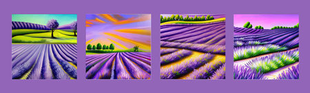 Horizon view lavender valley. Sunny day summer weather. Sunset Meadow Outdoor Wallpaper. Countryside lavender field scene. Rural landscape vector illustration. Farming agriculture colorful concept.の写真素材
