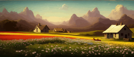Summer country landscape with a field of flowers and farm and mountains background plan. Nature vector illustrationのイラスト素材