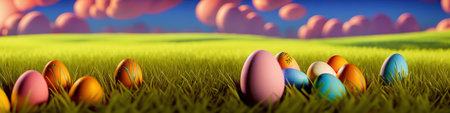 Fresh spring background with easter eggs banner green juicy meadow. Colored Easter eggs hidden flowers grass.Easter concept. Spring summer background with fresh grass against blue sky with.の写真素材