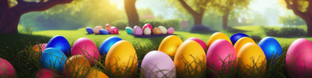 Fresh spring background with easter eggs banner green juicy meadow. Colored Easter eggs hidden...