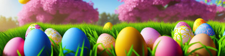 Fresh spring background with easter eggs banner green juicy meadow. Colored Easter eggs hidden flowers grass.Easter concept. Spring summer background with fresh grass against blue sky with.の写真素材