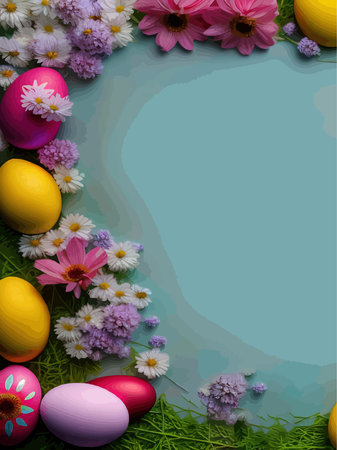 Easter wicker basket with painted eggs and spring flowers on a colored background with a place for...